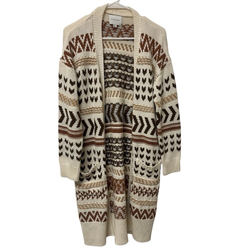 🌿✨ Pink Rose Cream & Brown Patterned Open-Front Cardigan Sweater ✨🌿